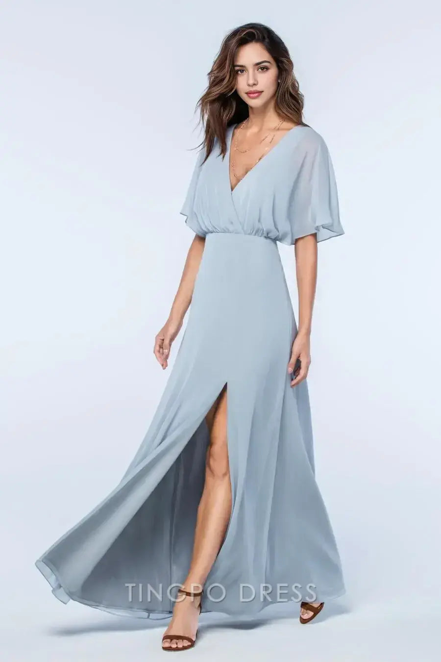 TingPo Wholesale Elegant Light Grey Deep V Dress - Batwing Sleeve Tie Waist Slit Maxi Evening Gown